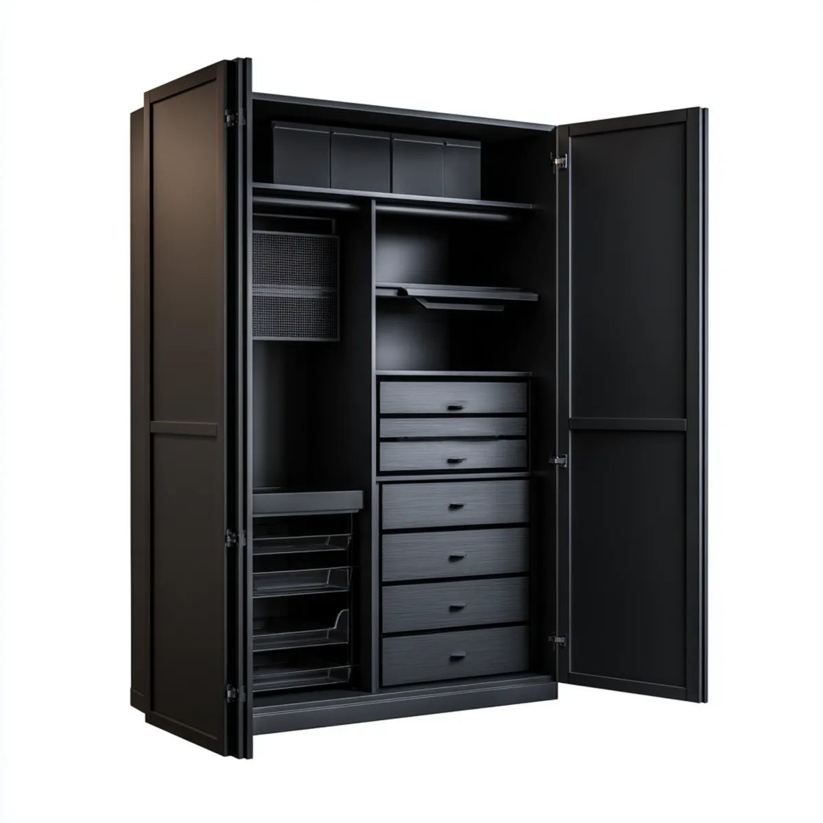 Kleiderschrank mit 2 Türen 7 Schubladen und Kleiderstangen Schwarz aus melaminharzbeschichteter Spanplatte 120 x 60 x 200 cm rechteckig