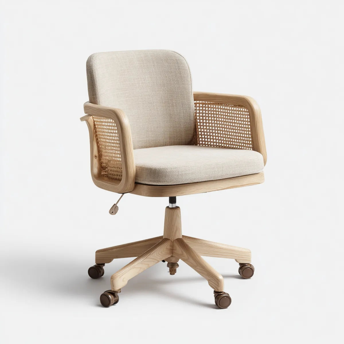Bürostuhl Drehstuhl Beige 63 x 63 x 84-94 cm Massivholz Polyester Rattangeflecht