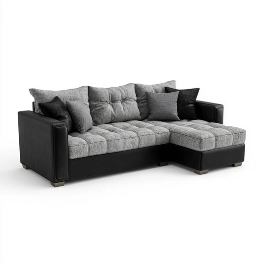 Ecksofa mit Recamiere rechts Schwarz Grau 260 x 165 x 90 cm Polyester und PU-Kunstleder L-Form