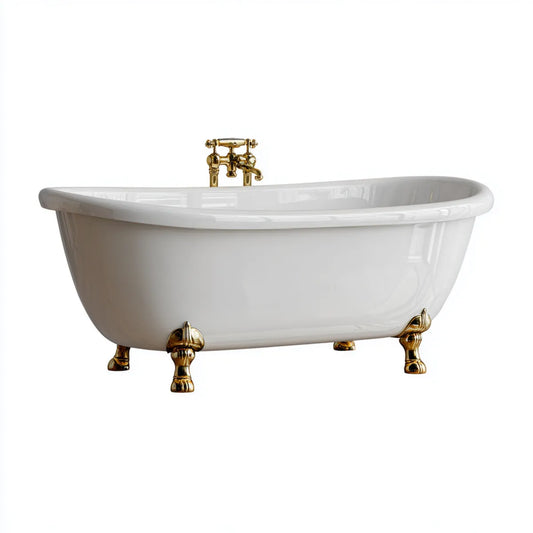 Freistehende Badewanne Set Weiß Gold 170 x 75 x 75 cm Acryl Oval mit Armatur und Löwenfüßen
