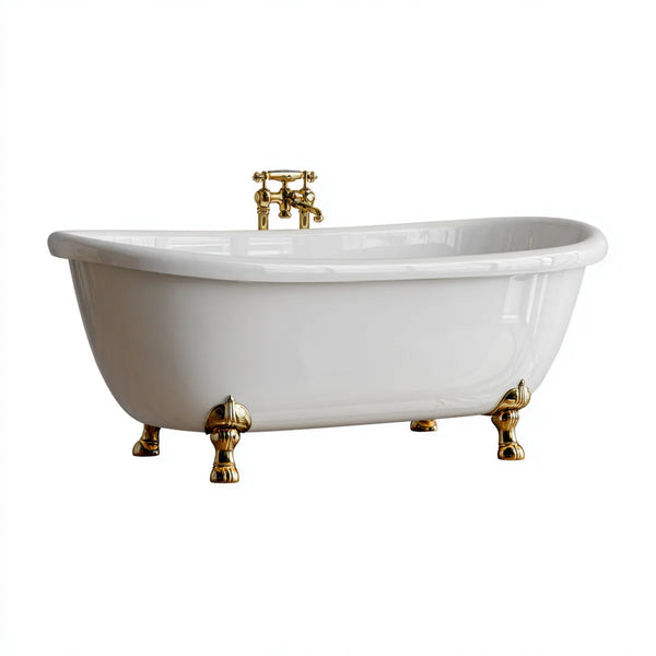 Freistehende Badewanne Set Weiß Gold 170 x 75 x 75 cm Acryl Oval mit Armatur und Löwenfüßen