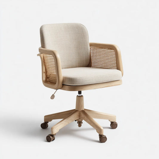 Bürostuhl Drehstuhl Beige 63 x 63 x 84-94 cm Massivholz Polyester Rattangeflecht